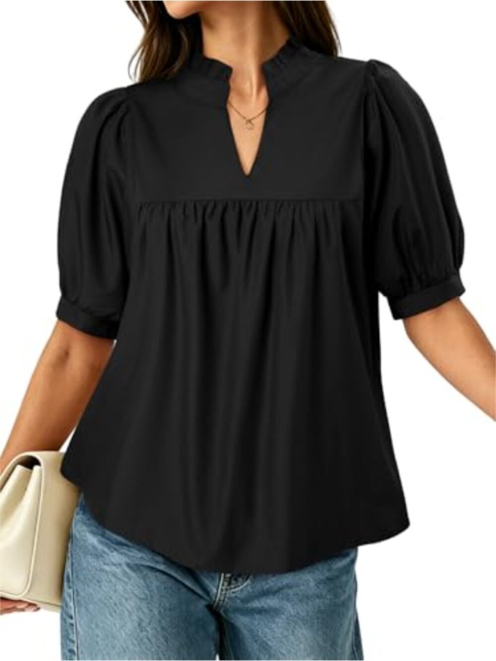 Puff Sleeve V Neck Blouse Babydoll Peplum Top Dressy Casual Pleated Loose Fit